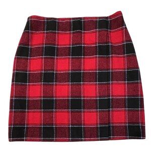 TALBOTS Wool Blend Faux Wrap Skirt‎ Women Size 10 Red Black Buffalo Plaid Career